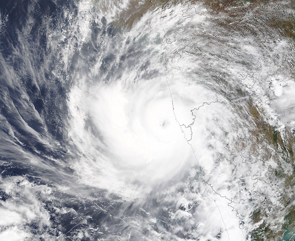 Satellite view of Cyclone Tauktae over the Arabian Sea showing spiral cloud bands and a central eye