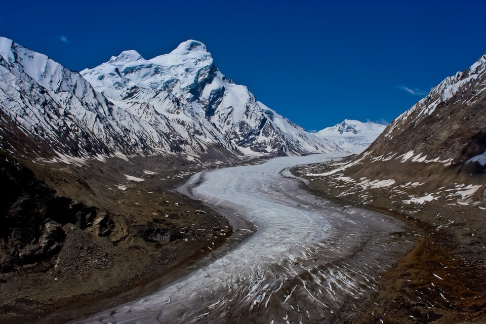 The Drang Drung glacier tongue with lateral moraine ridges in the Zanskar-Ladakh Himalaya