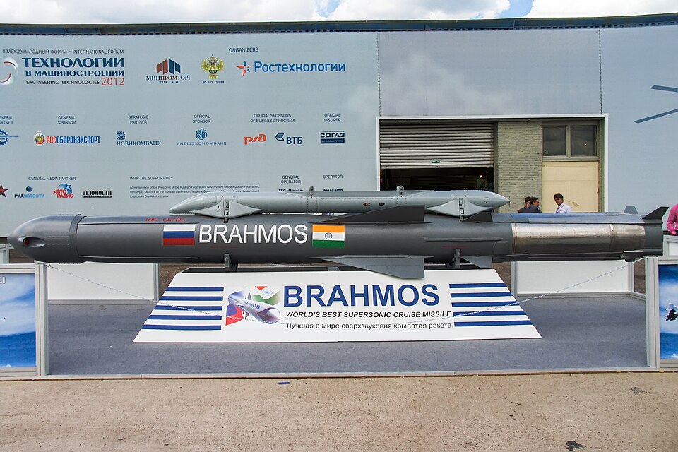 A BrahMos supersonic cruise missile on display bearing Russian and Indian flags