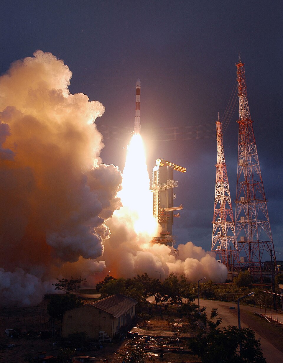 An ISRO PSLV rocket lifting off from the launch pad at Sriharikota