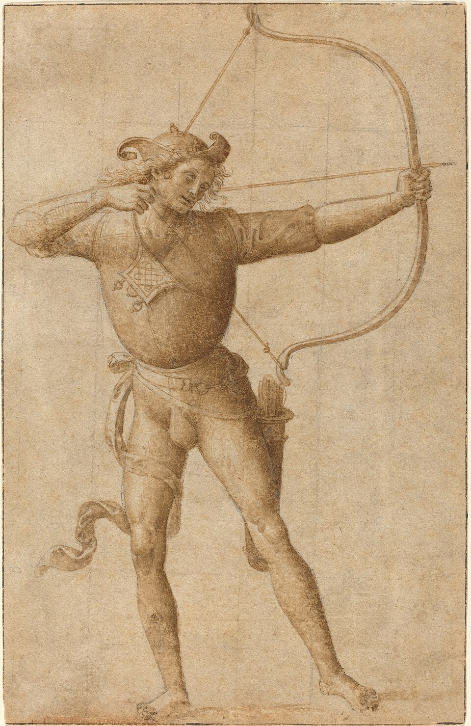 Renaissance drawing of an archer drawing back a bent bow just before releasing the arrow