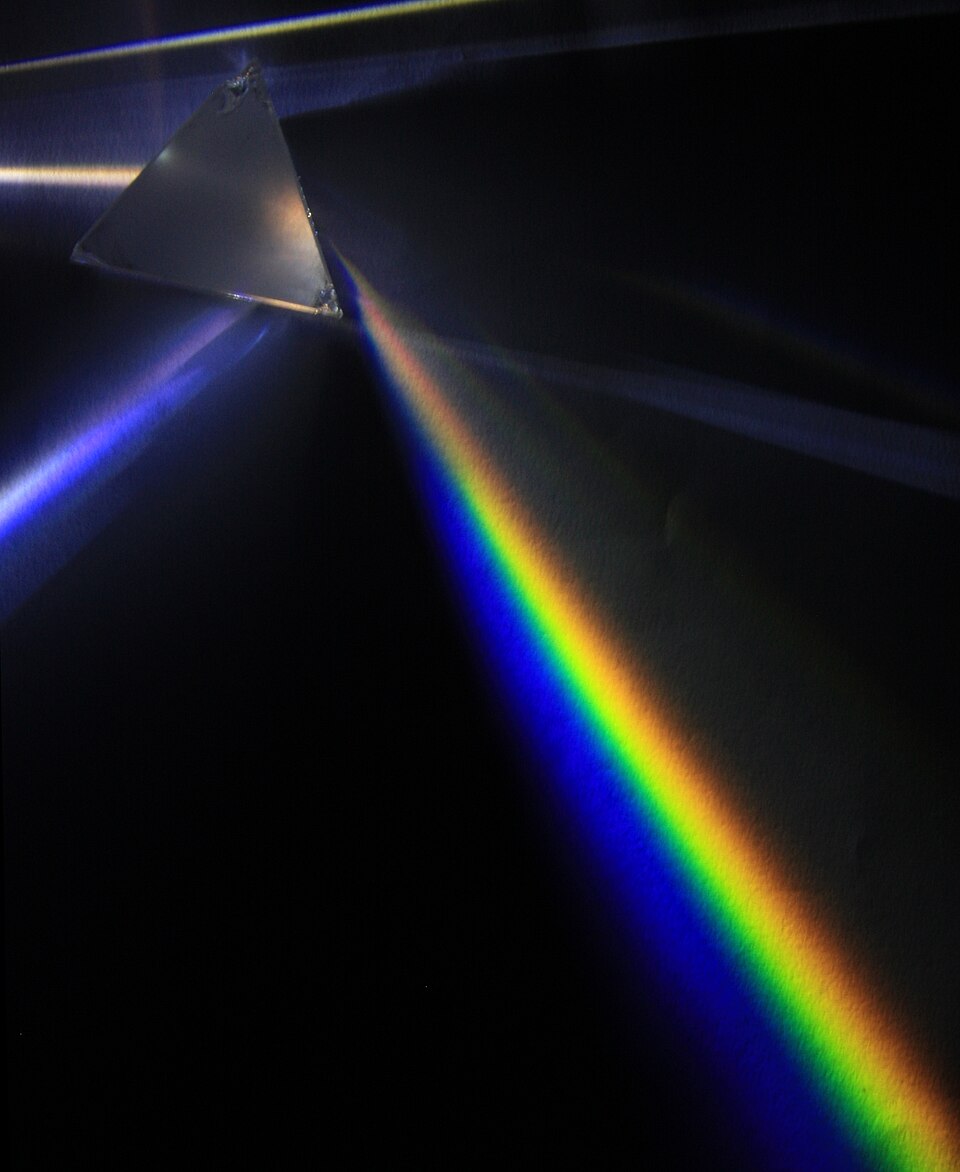 A triangular glass prism in a darkened room bending a beam of light and spreading it into a band of blue, green, yellow and orange.