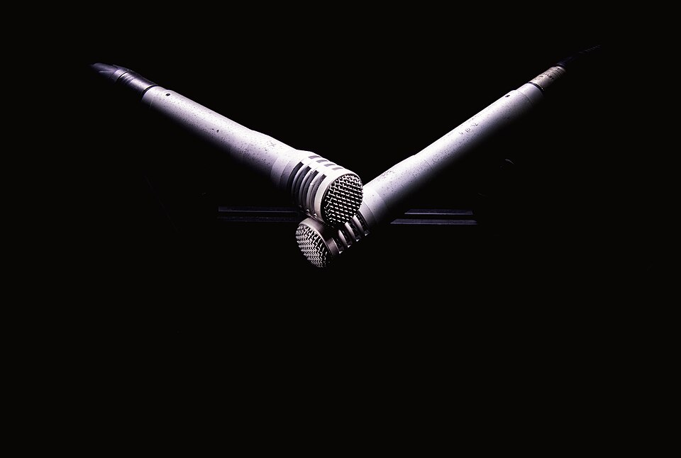 Two slim silver studio microphones crossed head to head on a stand bar, lit against a black background so their mesh grille heads stand out.