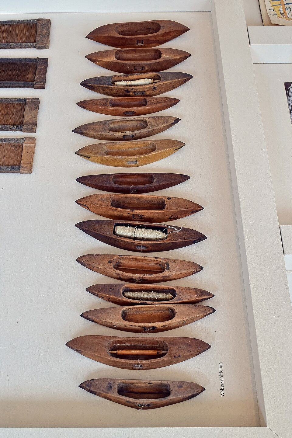 A museum display of fourteen boat-shaped wooden weaving shuttles, several still holding a bobbin of weft thread in the hollow along the top.