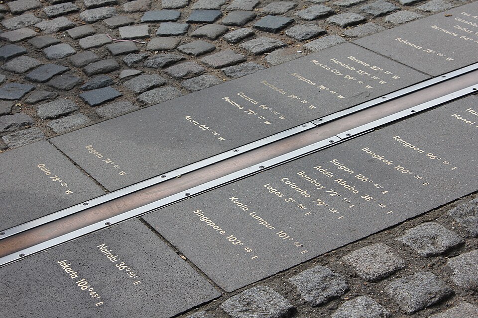 The Prime Meridian marked as a metal strip set into the paving of the Royal Observatory courtyard at Greenwich, with cities and their longitudes engraved on the slabs to west and east of the line.