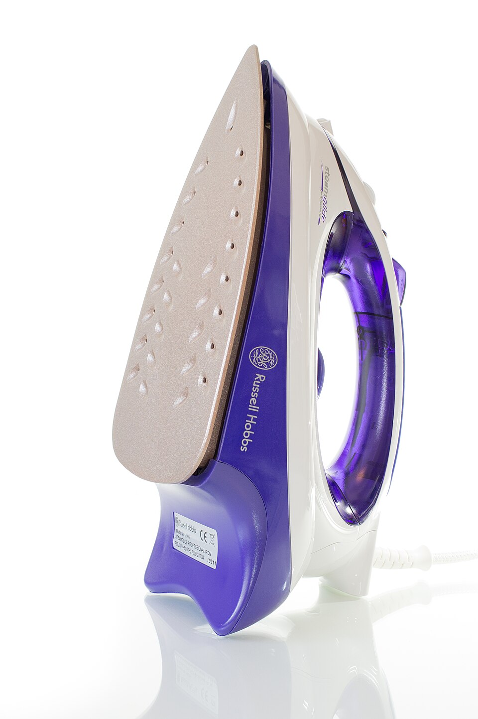A modern domestic electric steam iron stood on its heel against a white background, showing the metal soleplate with steam vents and the mains flex at the rear.
