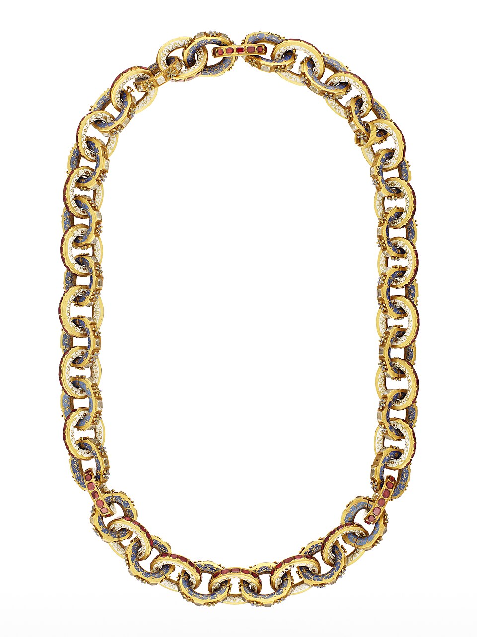 A finished gold chain necklace of interlinked gold rings set with red and clear gemstones and blue and white enamel, photographed against a plain white background.