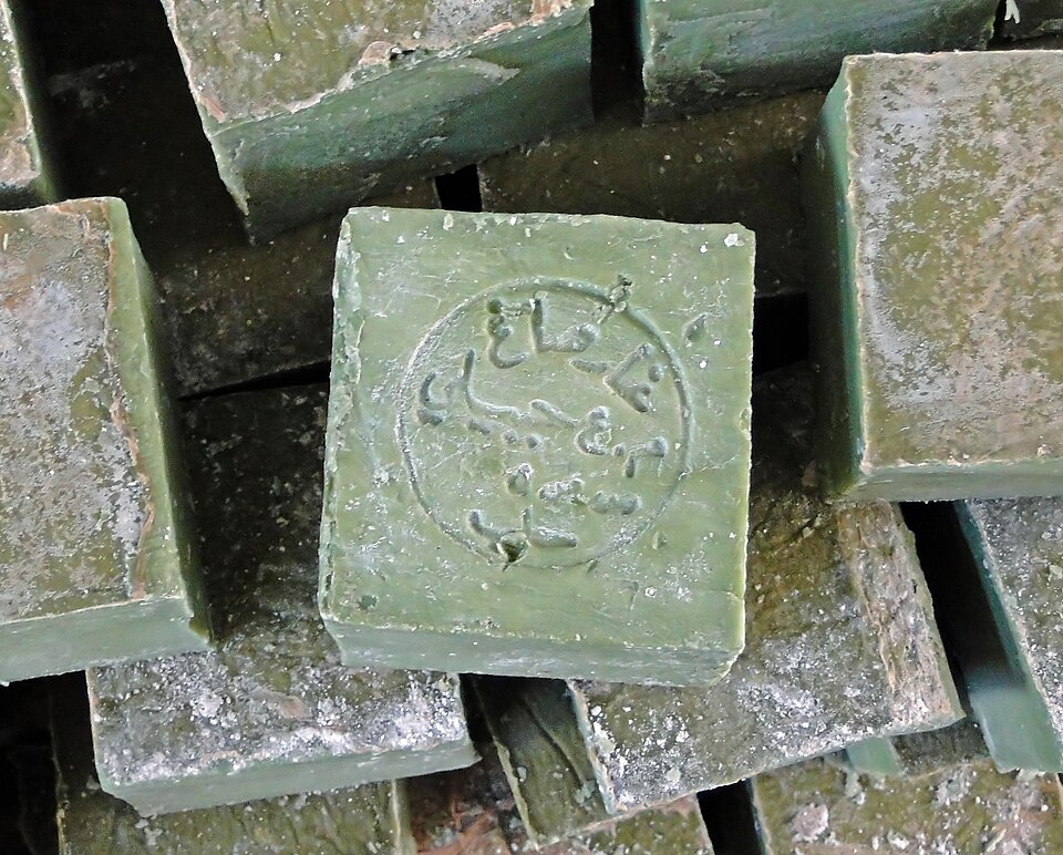 Stacked bars of natural Aleppo olive-oil soap