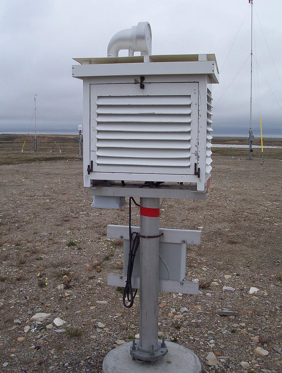 Louvred white Stevenson screen thermometer shelter at a meteorological station