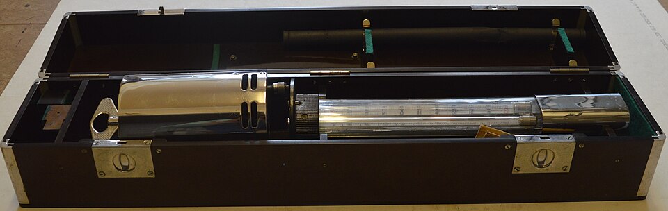 Wet-and-dry-bulb psychrometer instrument with paired thermometers in its case