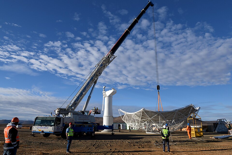 Assembly of an SKA-Mid prototype dish antenna in the Karoo, South Africa