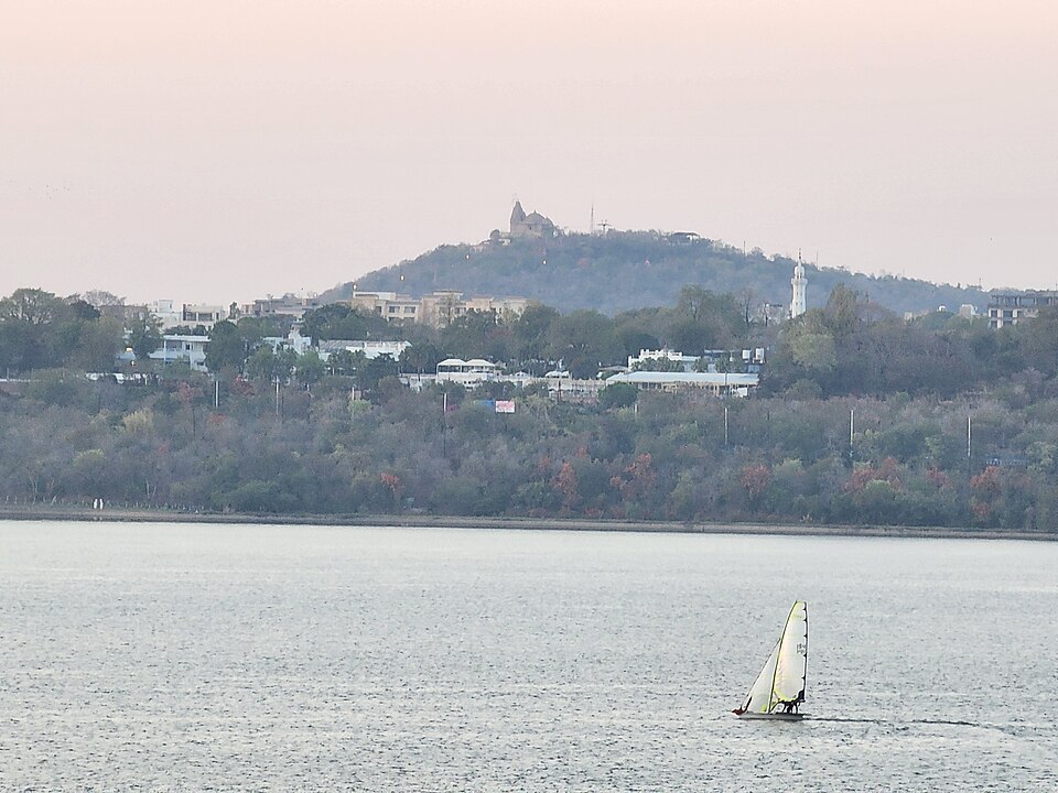 The Bhoj Wetland (Upper Lake/Bhojtal) at Bhopal with Manuabhan Tekri hill in the background