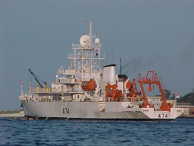 INS Sagardhwani (A74), the DRDO/NPOL oceanographic research vessel, at sea