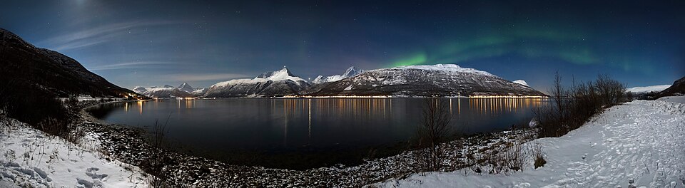 A green aurora (polar lights) glowing in the night sky above snow-covered mountains and a fjord