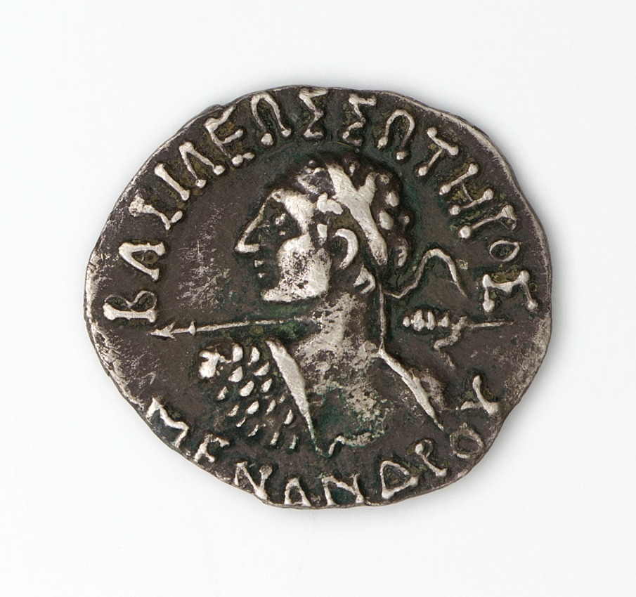 Silver drachm of the Indo-Greek king Menander I bearing his diademed portrait and his name in a Greek legend, an example of Indo-Greek named-and-portrait coinage