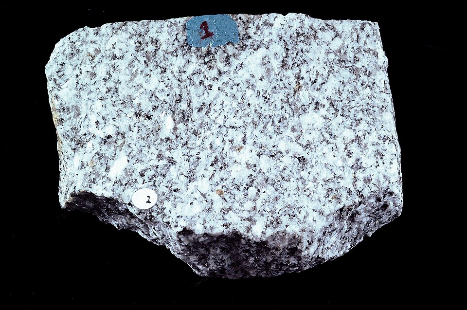 A hand specimen of biotite granite showing interlocking crystals of white feldspar and quartz speckled with dark biotite mica