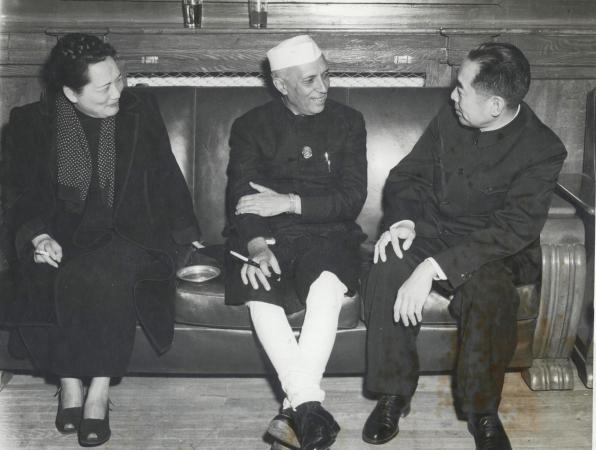 Jawaharlal Nehru seated with Chinese Premier Zhou Enlai in Peking, 1954