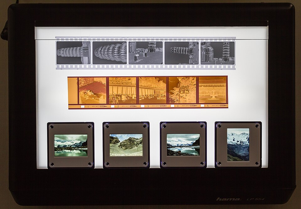 Strips of photographic film on a light box: a black-and-white negative strip at top, colour negatives and mounted slides
