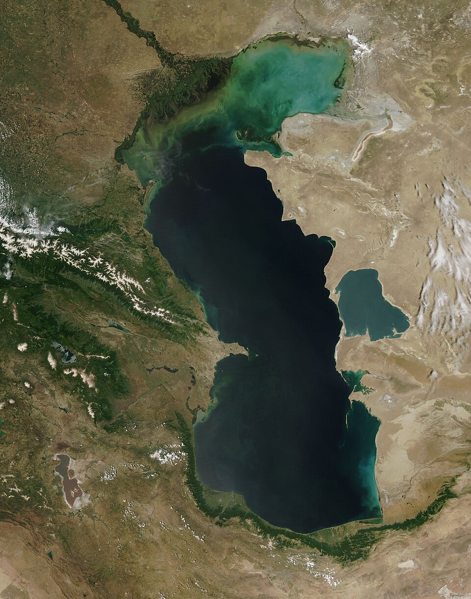 Satellite view from orbit of the enclosed, landlocked Caspian Sea