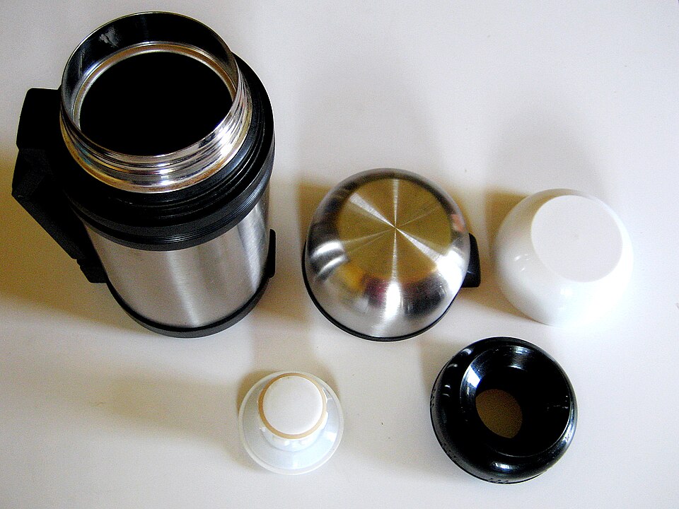 A stainless-steel vacuum (thermos) flask shown open with its cup and stopper