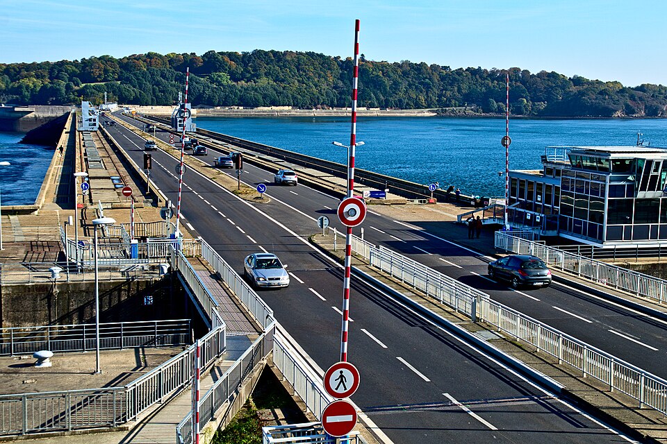 The La Rance tidal power station barrage carrying a road across the Rance estuary