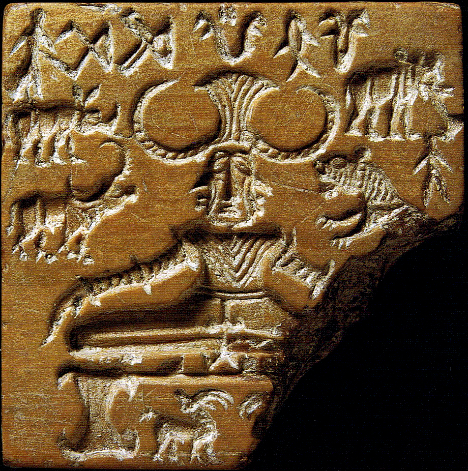 The steatite Pashupati seal from Mohenjo-daro showing a horned seated figure surrounded by animals and Indus script