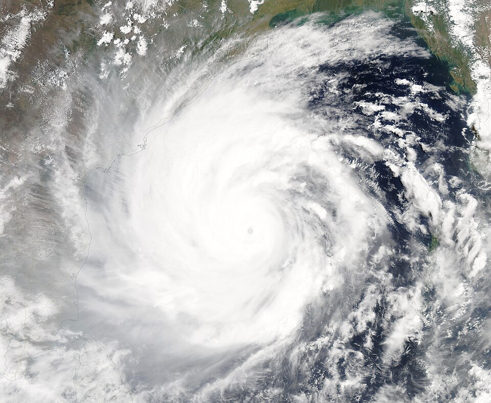 Satellite view of Cyclone Amphan over the Bay of Bengal with a clear central eye and spiral rainbands