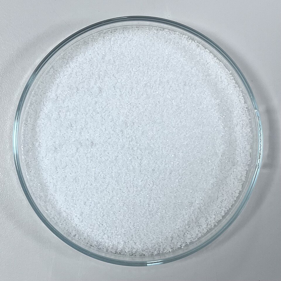 A petri dish filled with fine white sodium chloride (table salt) crystals