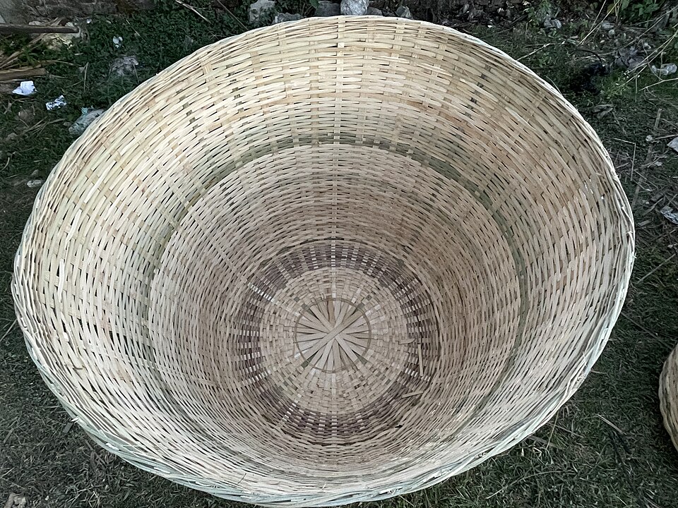 A large hand-woven bamboo basket seen from above, its pale split-cane strips coiled in a tight circular weave, resting on grassy ground.