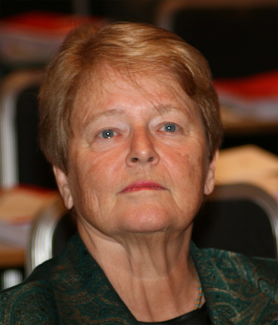 Close-up portrait of an older woman with short reddish-blonde hair wearing a dark green paisley jacket, looking toward the camera