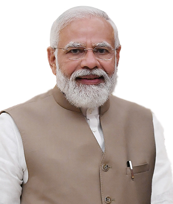 Official portrait of Narendra Modi, a bespectacled man with white hair and a white beard wearing a beige Nehru waistcoat over a white kurta