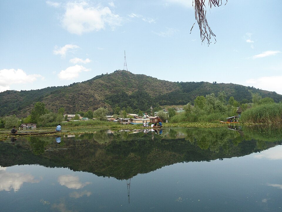 Dal Lake in the Kashmir Valley with a forested hill and lakeside dwellings mirrored in the still water, and a shikara boat on the lake