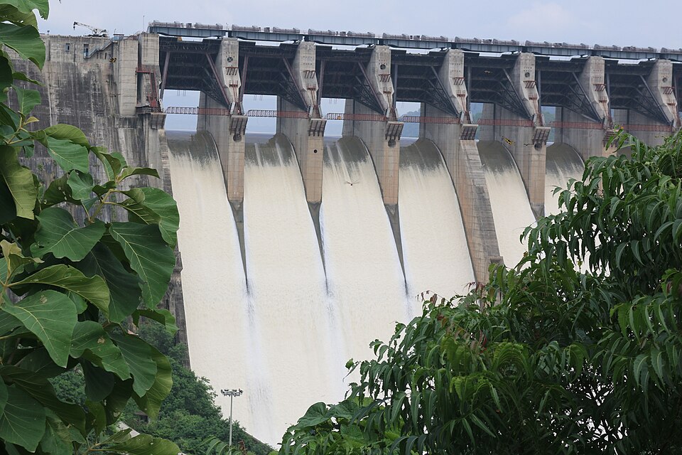 Water cascading down the spillway gates of the large concrete Sardar Sarovar Dam, framed by green foliage in the foreground