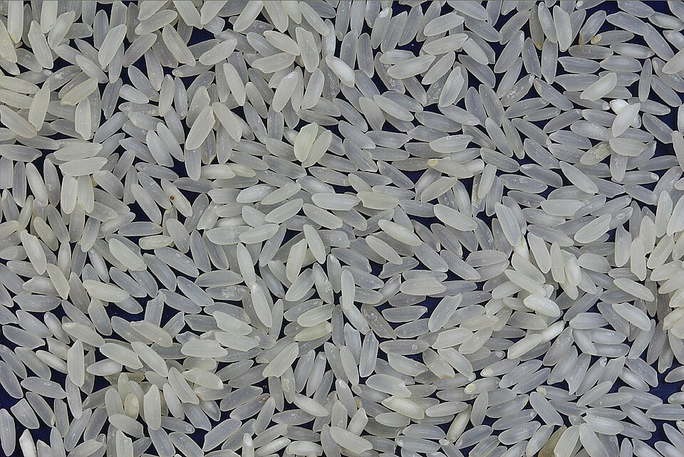 A close-up of raw, uncooked polished white long-grain rice spread on a dark surface