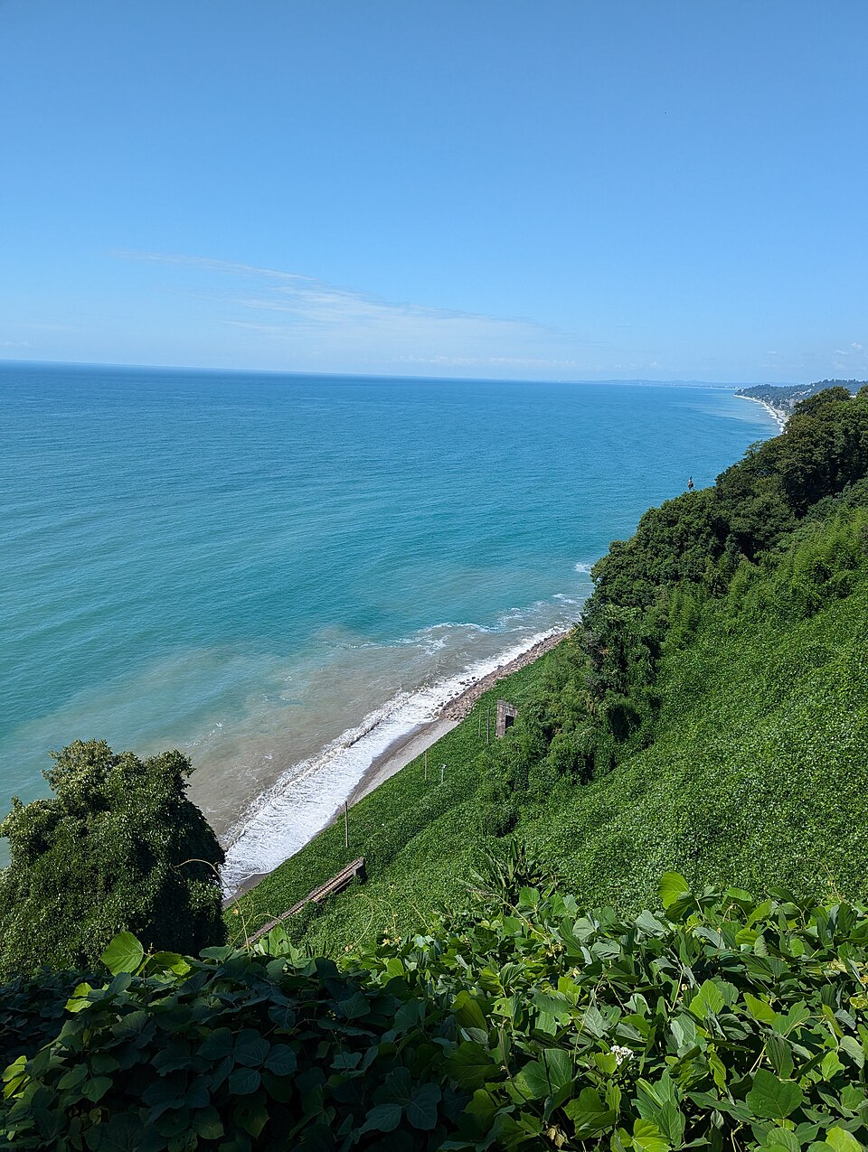 A view over the blue-green Black Sea from a lush green vegetated hillside, with waves breaking on a narrow beach far below.