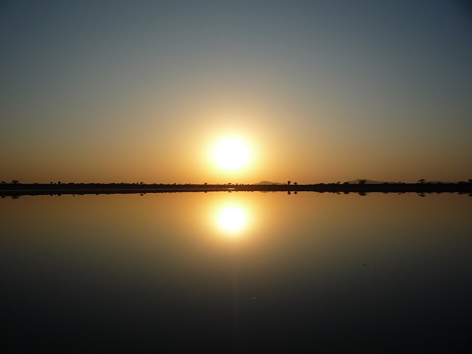A still, mirror-like lake reflecting the setting sun, with a low silhouetted shoreline on the horizon (Sambhar Lake at sunset).