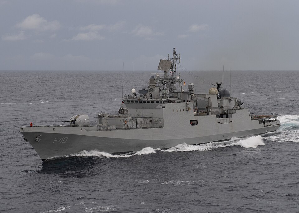 The Indian Navy guided-missile frigate INS Talwar, hull number F40, under way at sea in grey waters beneath an overcast sky.