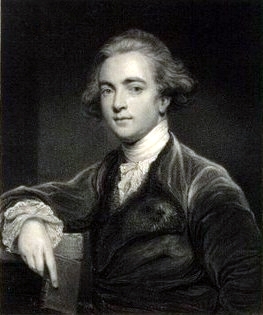 An engraved portrait of an 18th-century man in a dark coat with a lace cravat and powdered wig, seated with one arm resting on a ledge.
