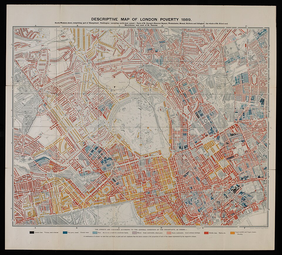 A sheet of Charles Booth's Descriptive Map of London Poverty 1889, streets coloured from black and blue for the poorest to gold for the wealthy, with the printed colour key along the foot