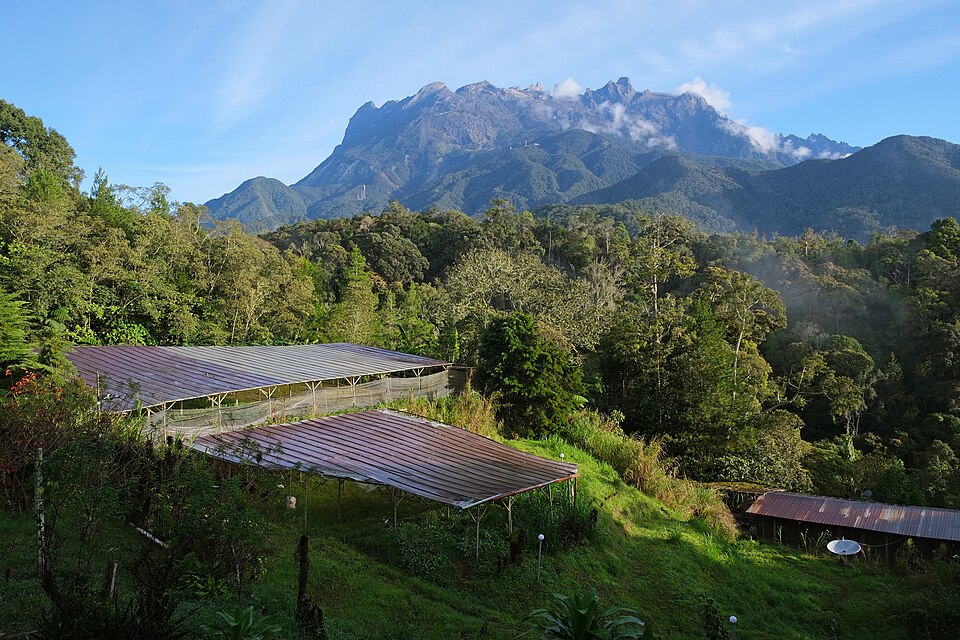 The jagged granite massif of Mount Kinabalu rising above rainforested ridges in Sabah, with cloud drifting across its flanks