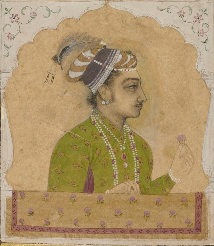 Mughal miniature profile portrait of the prince Dara Shikoh in a green jama with strings of pearls, holding a flower