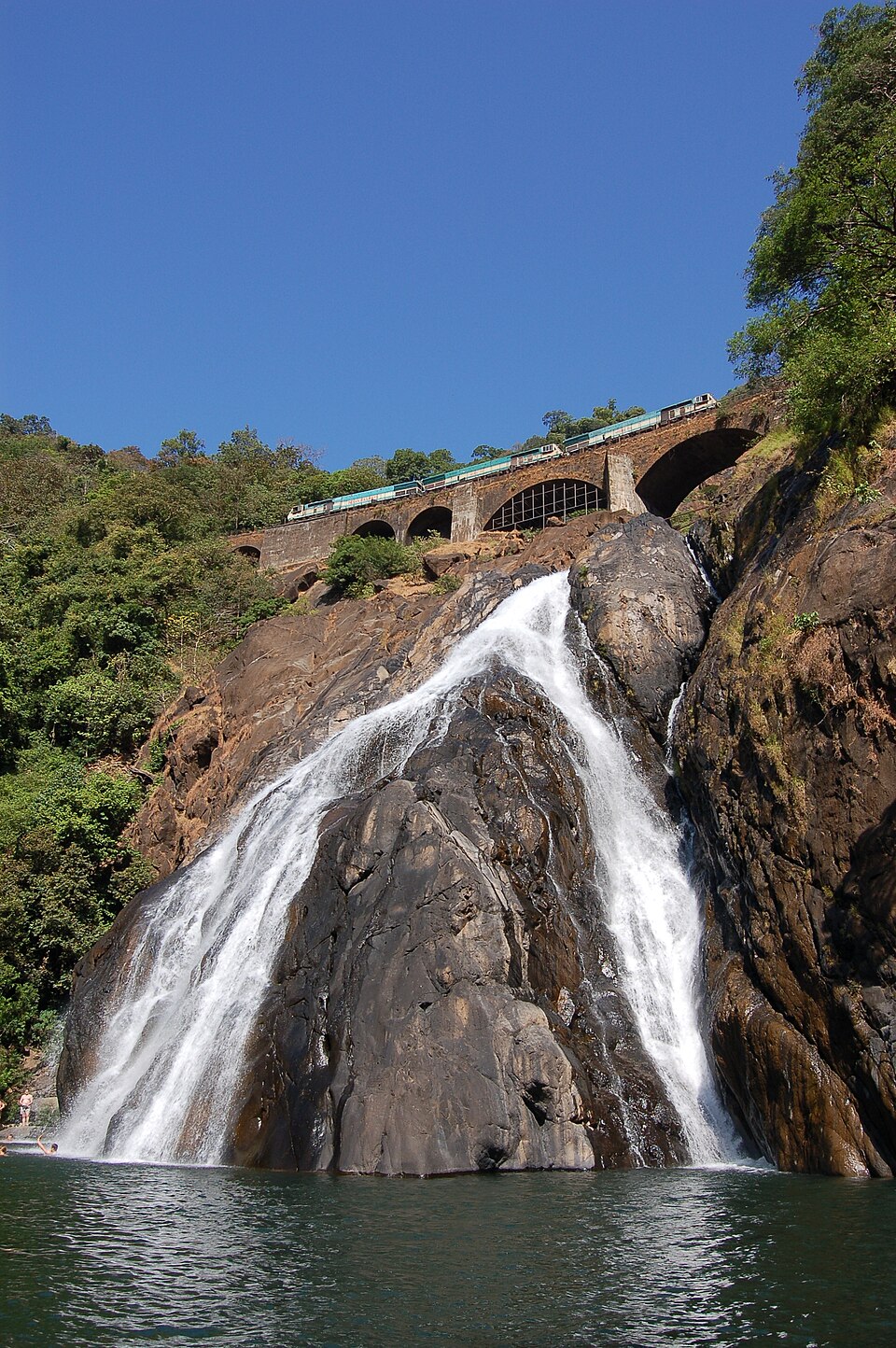 Dudhsagar Falls splitting into white streams down a dark rock face into a green pool, with a train crossing the arched railway viaduct above