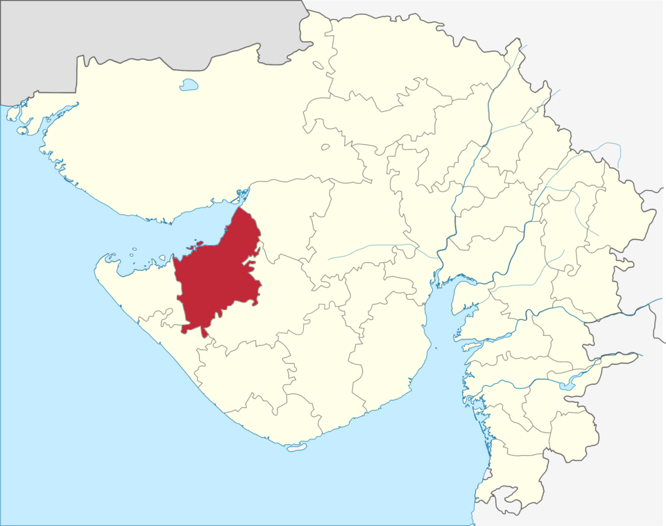 Locator map of Gujarat with Jamnagar district shaded red on the northern Saurashtra coast along the Gulf of Kutch