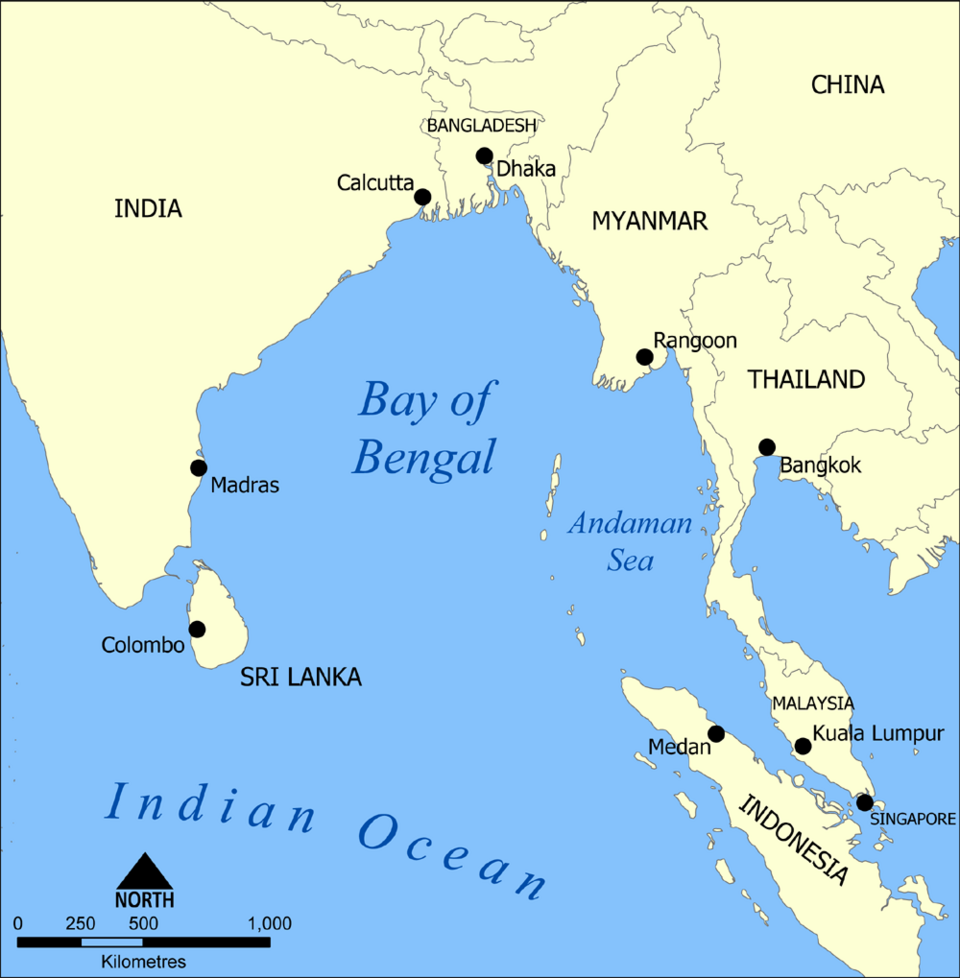 An English-labelled map of the Bay of Bengal showing the coasts of India, Bangladesh, Myanmar, Thailand, Malaysia and Sri Lanka, with the Andaman Sea and a kilometre scale bar