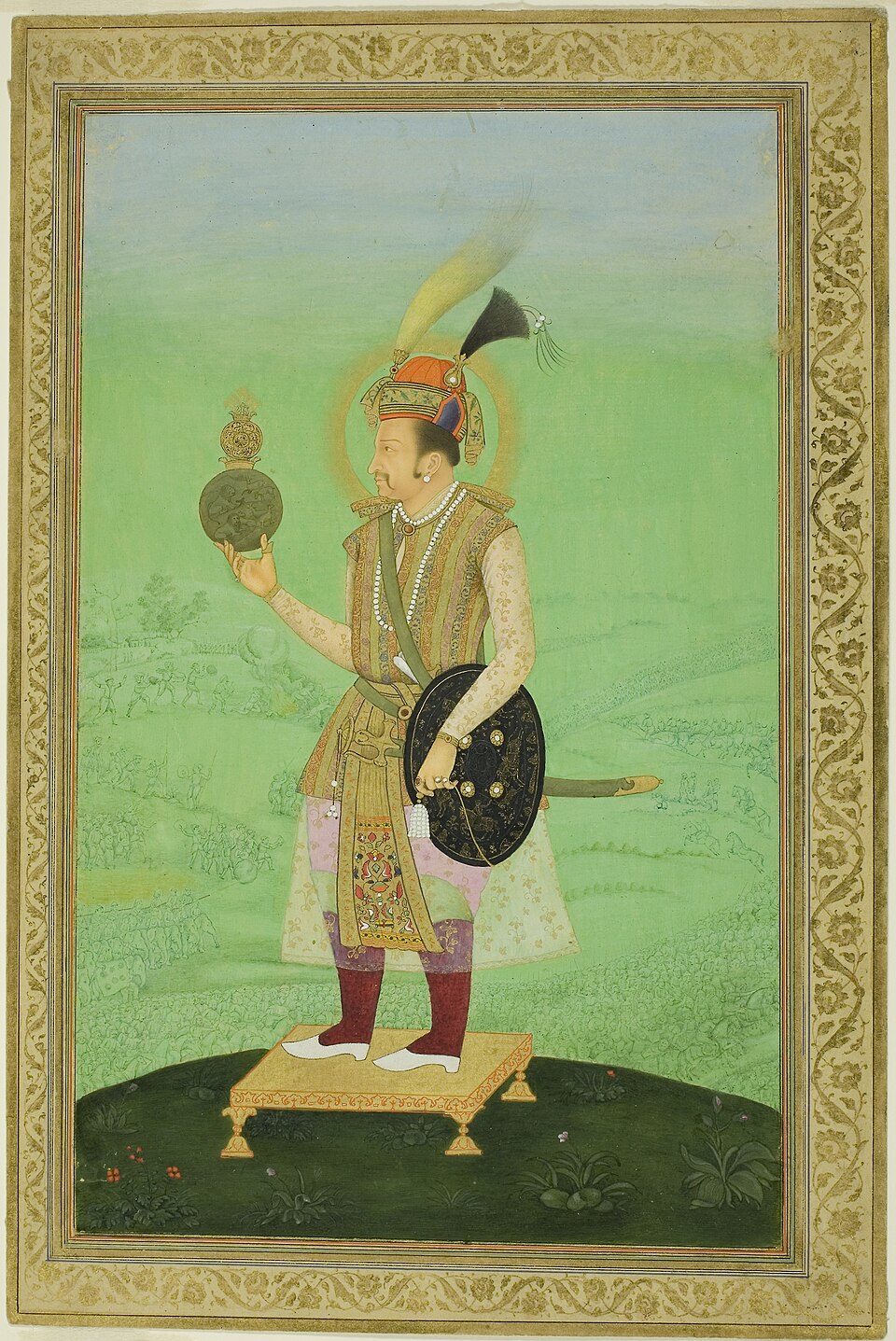 Mughal miniature painting of Emperor Jahangir with a halo, plumed turban, holding a globe and shield while standing on a golden pedestal