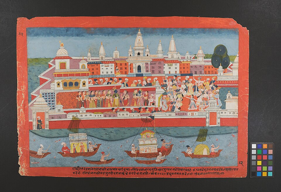 Illustrated folio from a Bhagavata Purana manuscript with a painted scene of a temple town and boats on a river above lines of Devanagari Sanskrit text