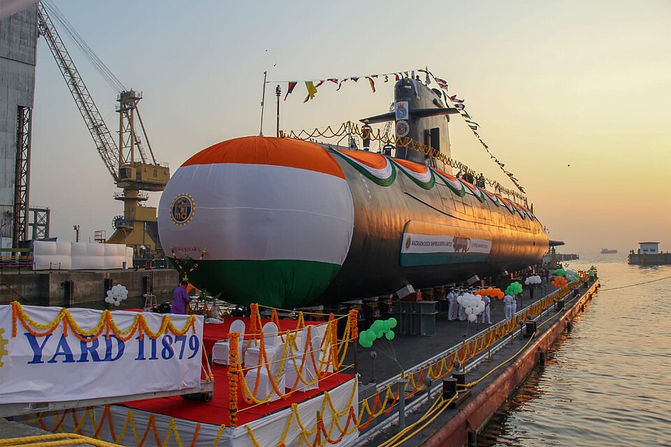 The Kalvari-class submarine INS Vagir at its launch at Mazagon Dock, draped in the Indian tricolour, with a Yard 11879 banner in the foreground