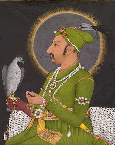 Mughal miniature portrait of Emperor Muhammad Shah in green robes and a jewelled turban, seated in profile holding a falcon, with a golden halo behind his head