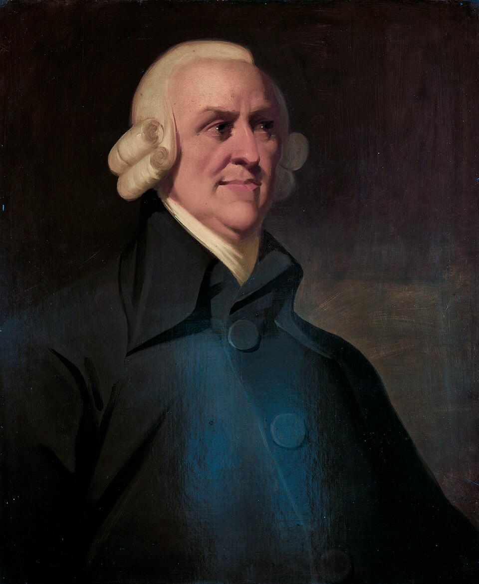 An oil portrait of an elderly eighteenth-century man in a white powdered wig and dark blue coat, turned three-quarters to his left against a dark brown background