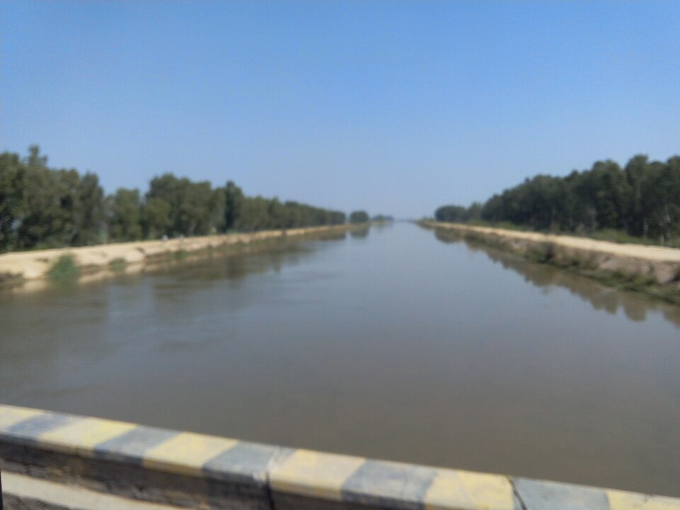A wide, dead-straight irrigation canal running to the horizon between raised sandy banks lined with trees, seen from a road bridge in western Rajasthan
